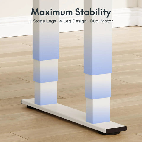 Close-up of four-leg frame design of Premium Four Leg Height Adjustable Standing Desk With Natural Maple Surface And Rock Solid Anti Wobble Engineering For No Stress Home Office And Multi Monitor Setups.