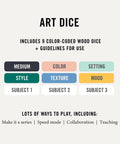Art Dice Prompts Set Of Nine Wood Dice For Drawing And Painting Inspiration, Color Coded, One Inch Each, Roll To Kickstart Creativity And Bust Artist Block With Easy Read Prompts. includes 9 color-coded wood dice with use guidelines