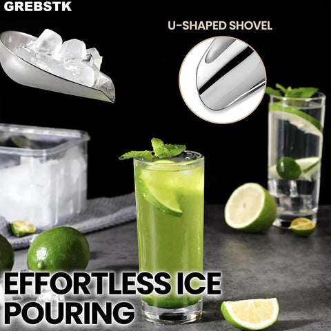 U-shaped ice shovel pouring ice into green cocktail with limes on table