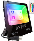 RGB LED Flood Lights For Indoor And Outdoor Decor With Remote Control Waterproof Color Changing Wall Washer Dimmable Security Lighting US 3 Prong Plug 200W 16 Color Modes And Patterns shown with remote and plug