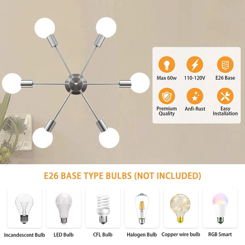 Six Light Sputnik Ceiling Light Fixture with bulbs chart, nickel metal for modern mid-century style, easy hardwire installation.