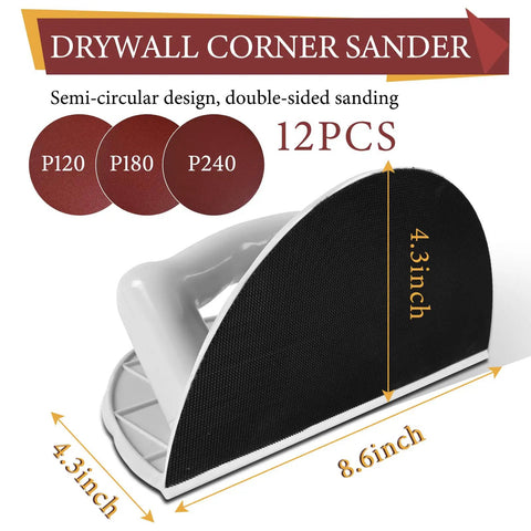 Ergonomic Drywall Corner Sander Kit With 12 Reusable 9 Inch Hook And Loop Discs For Walls And Edges No Fuss Grip Handy DIY Pro Grit 120 180 240 Clean Polish Built To Last For Smooth Finishes, semi-circular design shown with dimensions and grits P120, P180, P240 discs.