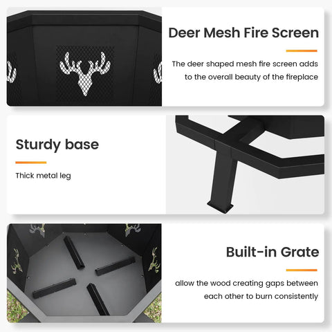 35 Inch Octagonal Outdoor Fire Pit Smokeless Wood Burning Fire Pit For Backyard Patio Camping Garden And Porch Black High Heat Convection Chamber For Cleaner Burns And Longer Bonfires with deer mesh fire screen and sturdy base detail
