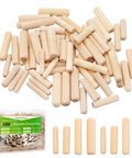 Assorted 230 Pack 1/4 5/16 3/8 Inch Premium Fluted Wood Dowel Pins for Nailed It Joints in a clear container.