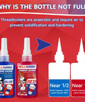 Front view of blue and red thread locker bottles with white caps, 50ml each (blue: medium strength, red: high strength).
