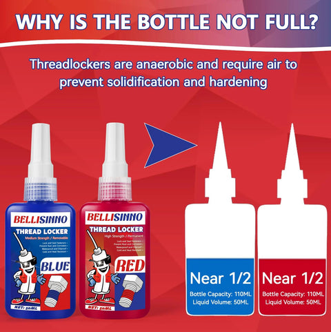 Front view of blue and red thread locker bottles with white caps, 50ml each (blue: medium strength, red: high strength).