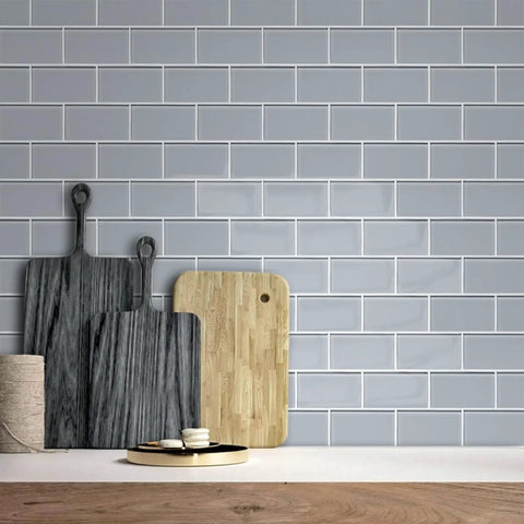 Glass Peel And Stick Subway Tile Backsplash For Kitchen Self Adhesive And Easy Install 5 Sheets Covering 5 Sq Ft Each 15 Inch By 12 Inch 4 mm Thick No Grout Or Mess Modern Shine Great For Quick Kitchen Upgrades with cutting boards in front