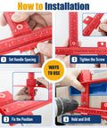 How to use Dead On Accuracy Cabinet Drill Jig for perfect handle alignment, showing steps for spacing, tightening, and drilling.