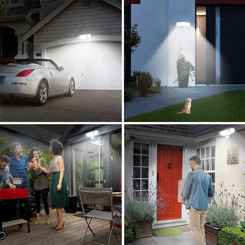 35W LED Security Flood Light Outdoor With Motion Sensor, illuminating garage, garden, porch, highlighting IP65 weatherproof design.