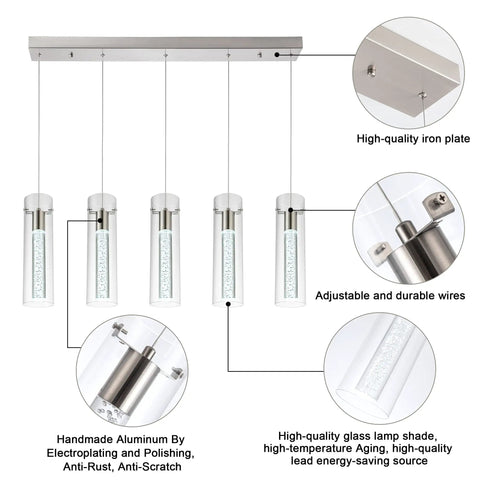 Diagram showing features of Modern Five Light LED Pendant Ceiling Fixture With Brushed Nickel Bubble Cylinder, Dimmable And Adjustable Height.