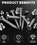 525 Piece Self Tapping Screws Set M3 M4 M5 Phillips Flat Head Wood Screws scattered on black surface