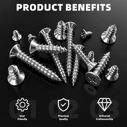 525 Piece Self Tapping Screws Set M3 M4 M5 Phillips Flat Head Wood Screws scattered on black surface