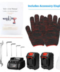 Portable Cordless Electric Rebar Cutter And Bender, Hydraulic Handheld Cutting Tool With Li-Ion Battery accessories including gloves, battery, and manual.