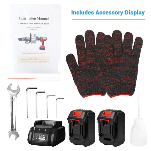 Portable Cordless Electric Rebar Cutter And Bender, Hydraulic Handheld Cutting Tool With Li-Ion Battery accessories including gloves, battery, and manual.