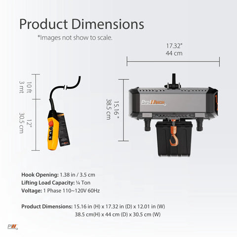 Top Rated Variable Speed Electric Chain Hoist 120 Volt Single Phase Lifting Machine dimensions with hook and remote.