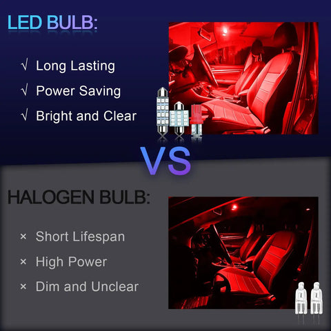 Comparison of LED vs Halogen in a car with 24 Piece LED Interior Car Light Kit With Dome, Map, And License Plate Lights, Red lighting