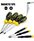 Set of magnetic tip screwdrivers with black and yellow handles next to silver screws on a white background.