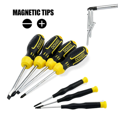 Set of magnetic tip screwdrivers with black and yellow handles next to silver screws on a white background.