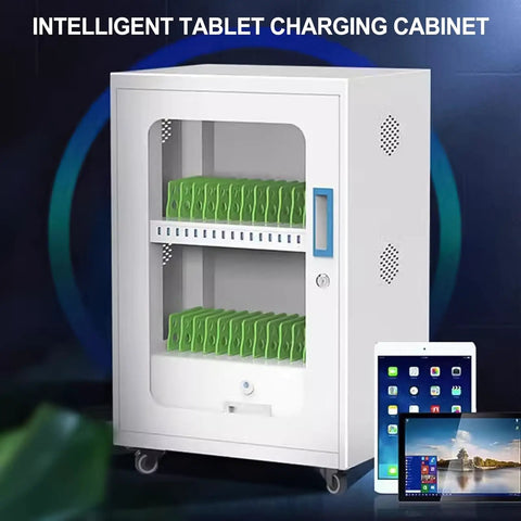 Premium White Aluminum Charging Cabinet Featuring Secure Locking Drawers For Thirty Laptops Tablets And Phones with green device holders.