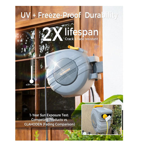Beefy Heavy Duty Retractable Garden Hose Reel 100 Ft 5/8 In Wall Mount With Brass Fittings UV resistant demonstration.