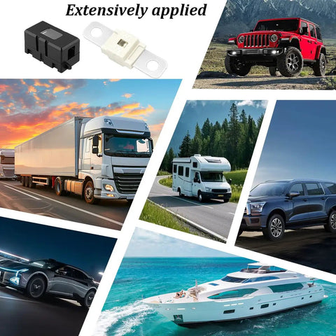 Heavy Duty 80 Amp AMI Midi Fuse Holder Kit With Nylon Housing And Stainless Bolts For Built Different Trucks And Construction Rigs Universal Tow Haul Ready Protection showcased with various vehicles.
