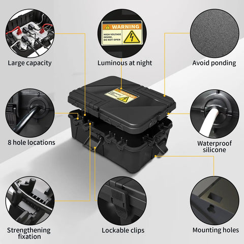 Huge Outdoor Electrical Box Waterproof 12 Inch X8 Inch X5 Inch Heavy Duty IP54 Weatherproof Extension Cord Cover With 8 Cable Entry For Power Strips Outlet Plugs And Holiday Lights Rain Protection That Will Kick Butt Black, showcasing lockable clips and large capacity.