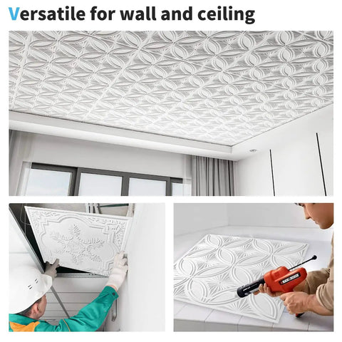 Decorative PVC Drop Ceiling Tile White 2x2 Ft Glue Up Ceiling Panel 24x24 Inches Pack of 12 Easy Install Over Substrates