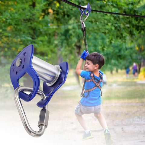 Heavy Duty Zip Line Pulley Kit With Smooth Glide Trolley for backyard fun, featuring durable blue pulley and child using zip line outdoors