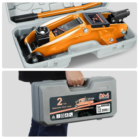 Low-Profile Hydraulic Trolley Floor Jack, 2 Ton Capacity, orange, in storage case, durable steel for shop, garage, roadside use
