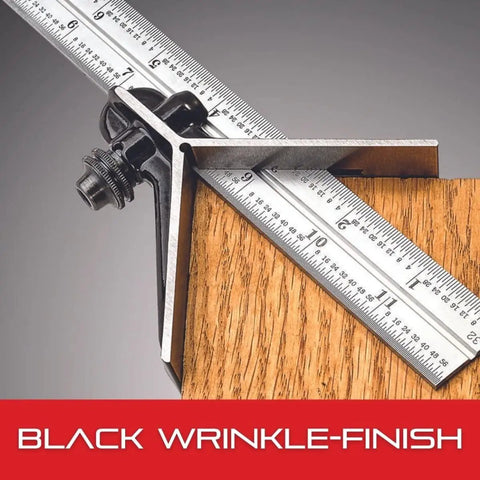 Center Head Attachment For 12 Inch And Larger Combination Squares And Bevel Protractors Black Wrinkle Finish Cast Iron Center Locator Dead On Center Finding For Cylindrical And Square Work Model C11 1224 in use on wood block