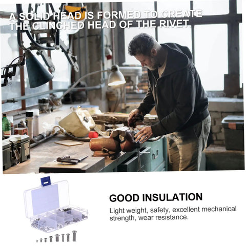 Shop Grade 304 Stainless Steel Solid Rivets Kit Includes 160 Tough Round Head Fasteners With Knurled Shanks displayed on a workbench.