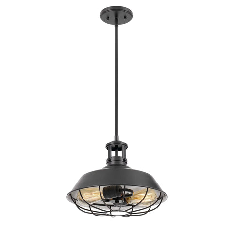 Industrial Two Light Pendant Lamp in Black Finish With Nautical Barn Wire Cage Shade, Vintage Rustic Hanging Light Fixture
