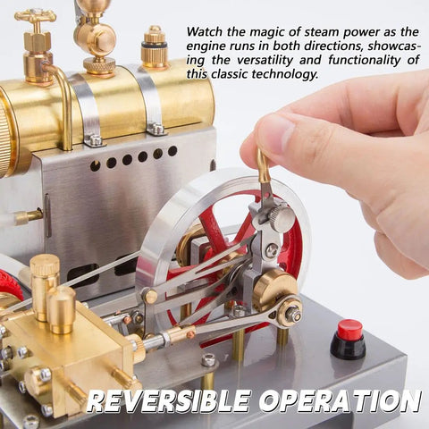 Steam Engine Kit With Boiler, Generator And Street Lamp, Reversible operation demonstration with hand adjusting the engine