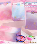 Tie Dye Party Favor Bags With 36 Stickers 30 Pack Mermaid Unicorn Themed Goodie Bags displayed in pastel colors