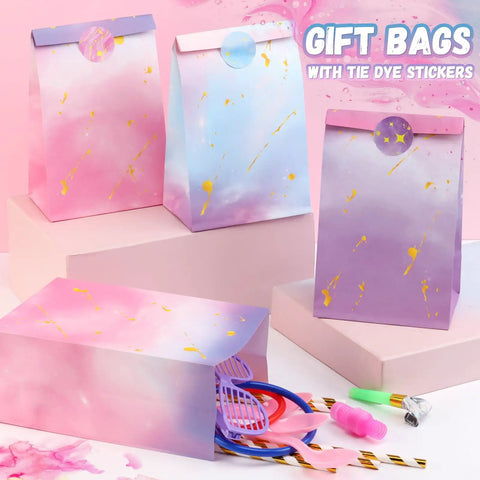 Tie Dye Party Favor Bags With 36 Stickers 30 Pack Mermaid Unicorn Themed Goodie Bags displayed in pastel colors