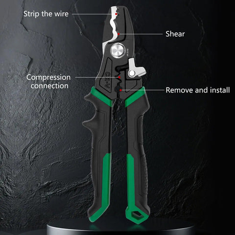 Kick Butt With This Badass 8 Inch Electrical Wire Tool Crimping And Stripping Made Tough High Grade Steel Compact Design showing multifunctional features.