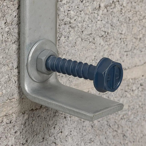 One Hundred Pack Diamond Tip Concrete Screws One Quarter Inch By One And Three Quarters Inch Hex Head With Drill Bit Included For Masonry Brick And Block Anchoring Indoors Or Outdoors Heavy Duty Blue Coated Rust Resistant visible with screw in block wall