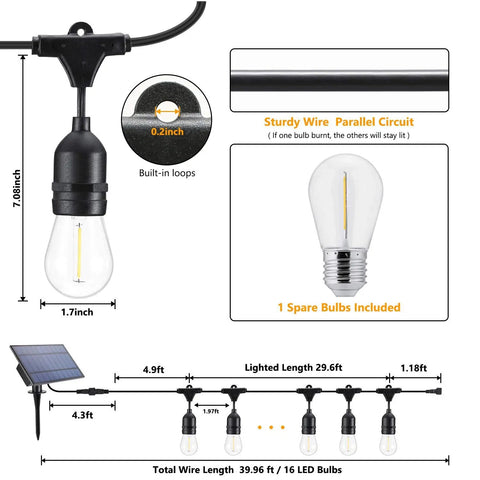 Diagram of Solar Outdoor String Lights 39 Feet With 16 Hanging Edison Plastic S14 Bulbs, Shatterproof Waterproof LED