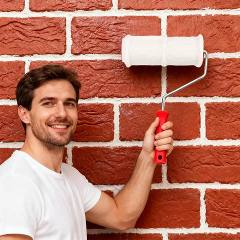 Man using 8 Inch Brick Pattern Embossing Paint Roller For Wall Decor DIY Easy Home Art Rubber Handle Embossing Cylinder