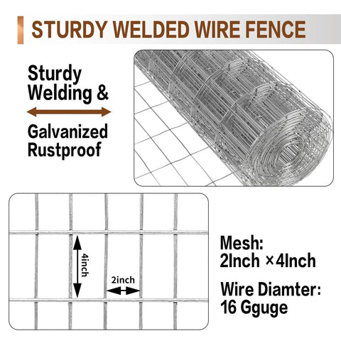 Heavy Duty Galvanized Welded Wire Fence Roll 4 Ft By 100 Ft With 2x4 Inch Mesh, 16 Gauge Hardware Cloth For Strong Backyard Protection And Poultry Netting, Garden Fence roll with 2x4 inch mesh and 16 gauge wire