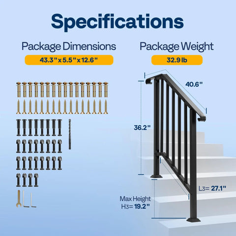 Specifications of 2 Pack Galvanized Steel Hand Rails For Outdoor Steps With 27.1 Inch Curved Ends And Safety Balusters