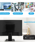 Enjoy No Sweat Cooling On This Celeron J6413 Fanless Mini Pc Hosting Four 2.5 Gigabit Lan Ports For Opnsense Router Rigs, Eight Gb Ram, One Twenty Eight Ssd, Hdmi Plus Type C Display Out, showing back view with VESA mounting support.