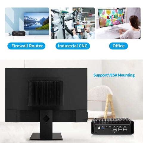 Enjoy No Sweat Cooling On This Celeron J6413 Fanless Mini Pc Hosting Four 2.5 Gigabit Lan Ports For Opnsense Router Rigs, Eight Gb Ram, One Twenty Eight Ssd, Hdmi Plus Type C Display Out, showing back view with VESA mounting support.