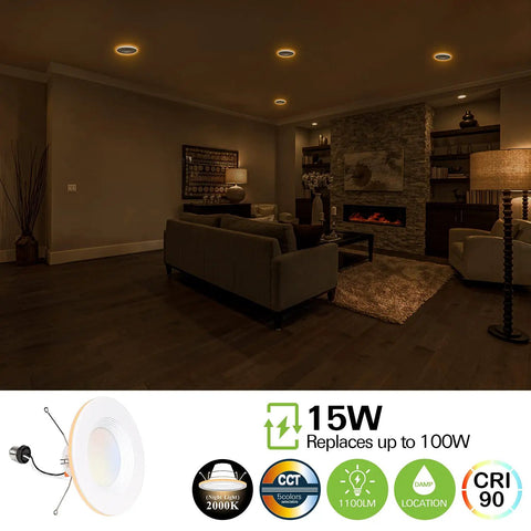 12 Pack Lit 5/6 Inch LED Recessed Can Lights With Night Light illuminating a cozy living room, 15W 100W equivalent, 1100 lumens, CRI90.