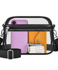 Clear Stadium Bag For Events, Compact Mini Purse With Crossbody Strap showing contents through 3 pocket see-through design