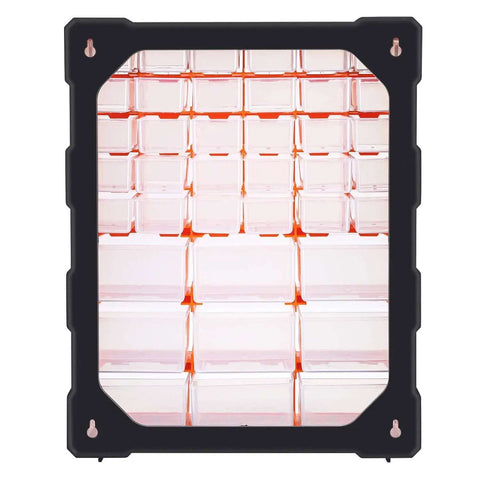 Front view of Wall Mount Cabinet Organizer With 39 Drawers And Removable Dividers, Doubles Capacity To 78 Compartments For Hardware, Craft Supplies, And Small Parts, DIY Friendly, Black And Orange Plastic Garage Storage System, 15 By 6.3 By 18.6 Inches