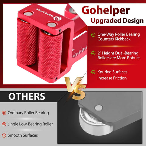 Red anodized No Fuss Safe One Way Roller Bearing Thin Rip Jig with dual knurled rollers for table saws, band saws, router tables.