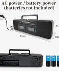 Retro Boombox With Dual Cassette Decks And 7200mAh Battery, Bluetooth Audio, showing dimensions and power options