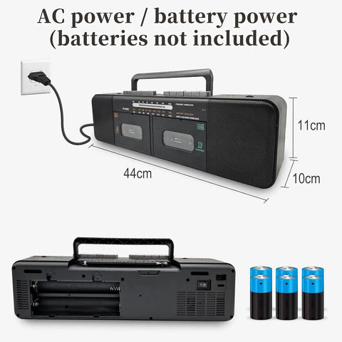 Retro Boombox With Dual Cassette Decks And 7200mAh Battery, Bluetooth Audio, showing dimensions and power options