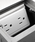 Heavy Duty Recessed Floor Electrical Outlet Kit With No Fuss Pull Handle For Reliable Power Access Durable flush mount socket inside stainless steel housing.